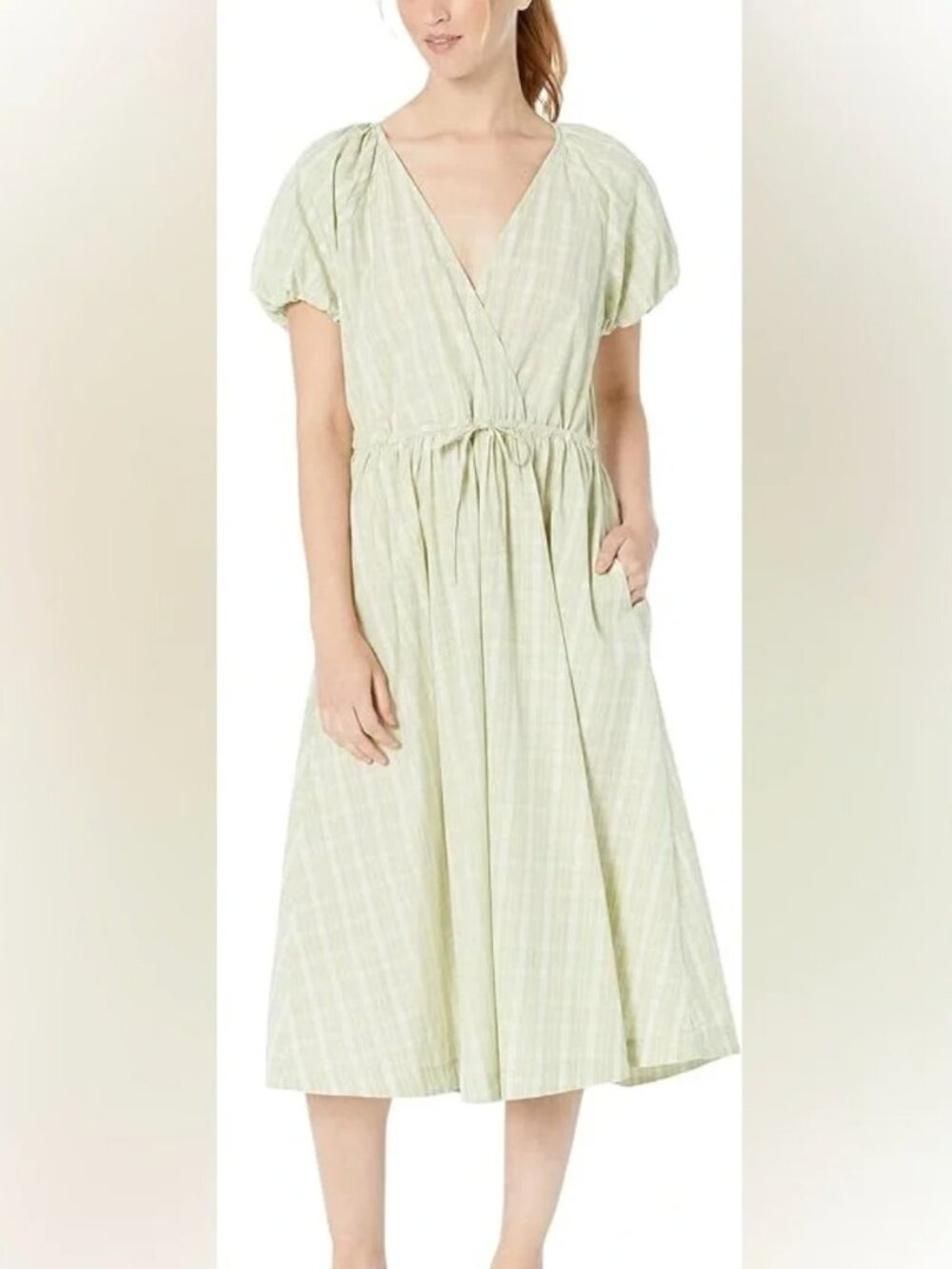 Madewell Green Plaid V-Neck Flutter Sleeve Midi Dress Sz XXL